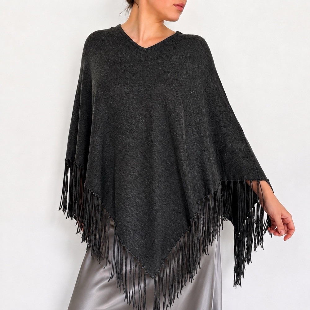 VTG Mossimo Western Poncho Cape Shawl S/M Gray Tassel Fringe Asymmetric Festival